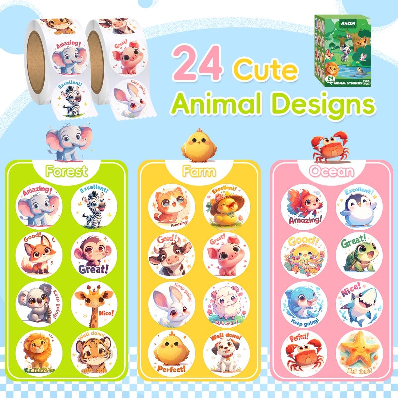 JIXZEN 1.5 Inch Animal Stickers for Kids, 3 Rolls 1500 PCS Cute Stickers for Toddlers 2-4 Years, 24 Designs Farm/Ocean/Wild Motivational Sticker for Potty Training Rewards, Classroom Teacher Supplies - Image 3